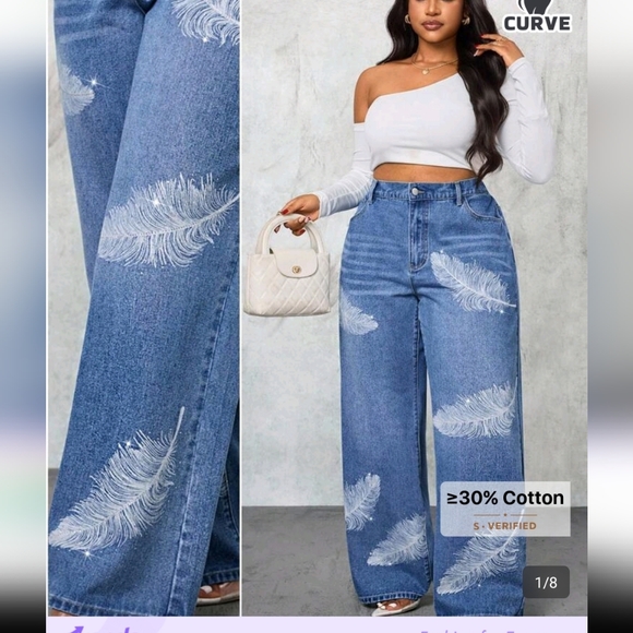 Women's Blue Feather Print Wide-Leg Jeans - Picture 4 of 11